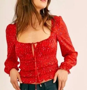 Free People NWOT Lolita Red Floral Ruffled Crop Top thumbnail 1
