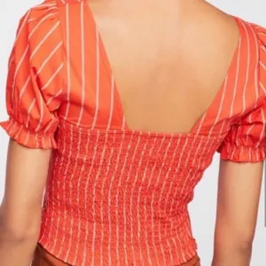 Free People Women's Orange Striped Puff Sleeve Crop Top Blouse Size XS thumbnail 3