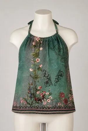 Womens Teal Floral Halter Neck Bow Back Sleeveless‎ Blouse Top Small thumbnail 1