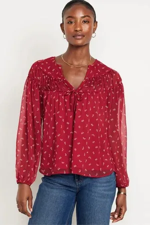 Old Navy Tie Front Red Floral Chiffon Long Sleeve Boho Blouse Sz‎ L thumbnail 1