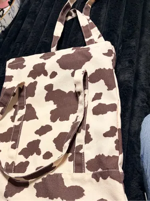 Canvas Cowprint Tote Bag in Brown and Cream thumbnail 4