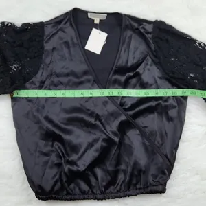 Pleione -511‎ NWT Black Faux Wrap Dressy Top Lace Sleeves Small thumbnail 8