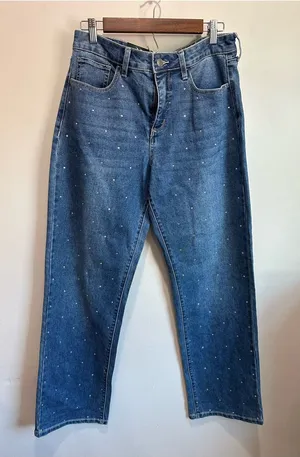 Express Blue Wide-Leg Jeans with Studded Detail thumbnail 1