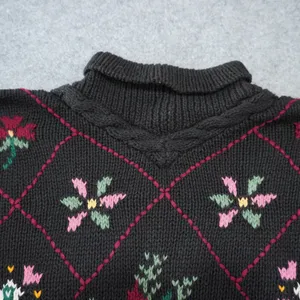 Boundary Waters Vintage Chunky Knit Floral Intarsia Mock Neck Sweater XL Black thumbnail 4