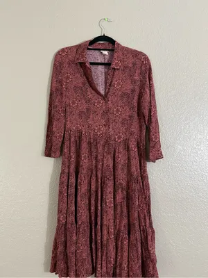 Morris & Co x H&M 6 William Morris Floral Tiered Midi Shirt Dress Burgundy Fall thumbnail 9