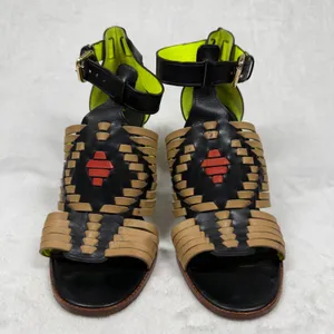 Coach Black Tan Neon‎ Woven Leather Block Heel Sandals Buckle Ankle Strap 7 thumbnail 6