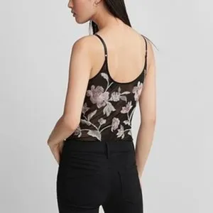 Express Black Sheer Bodysuit Pink Floral Embroidery Party Medium Going Out thumbnail 7