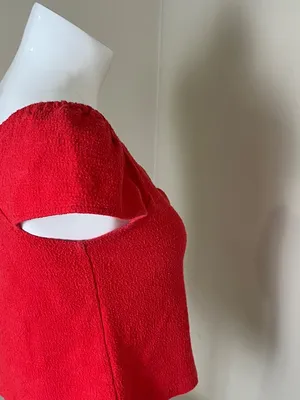 Madewell Texture & Thread Red Smocked Puff Sleeve Button Front Crop Top thumbnail 9