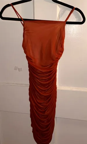 Rust Ruched Spaghetti Strap Midi Dress thumbnail 1