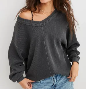 Aerie Wonder Textured V-Neck Sweatshirt Gray Small Oversized Waffle Knit Lounge thumbnail 1