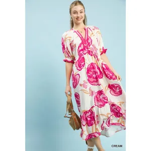 Umgee Floral Print Midi Dress with Contrast Trim - Cream - Small thumbnail 4