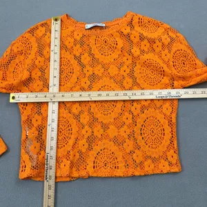 MNG Mango Orange Crochet Open Knit Top S Cropped Long Sleeve Trendy Fashion Cute thumbnail 3