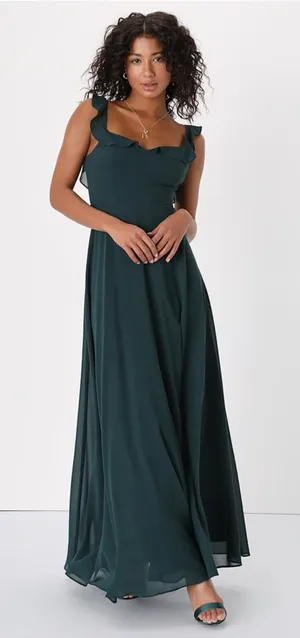 Lulus Dreamy Admiration Emerald Green Ruffled Maxi Dress thumbnail 1