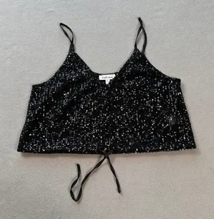 Triple Seven Sequin Cami Tank Top Black L Sparkly Adjustable Straps Tie V Neck thumbnail 1