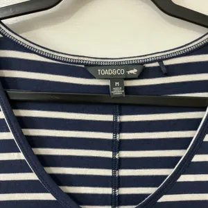 Toad&Co Striped Ruched Midi Dress M Blue Organic Cotton Coastal Nautical Preppy thumbnail 3