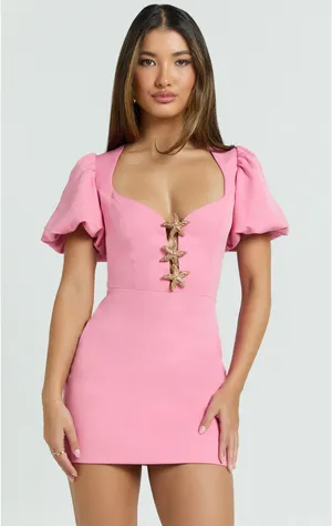 Showpo LALISA MINI DRESS - PUFF SLEEVE STARFISH PLUNGE NECK DRESS IN PINK thumbnail 1