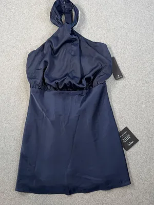 Lulus Women's XXS Sleek Essence Navy Blue Satin Halter Sleeveless Mini Dress thumbnail 1