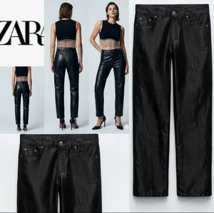 Zara Nwt Satin Effect Shiny Metallic Mid Waist Straight Leg Pants 4 thumbnail 2