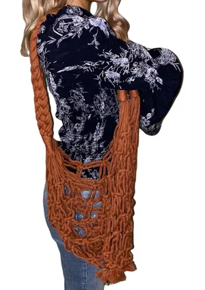 Boho Crochet Net Shoulder Bag Rust Brown Handmade‎ Style Market Tote Festival thumbnail 1