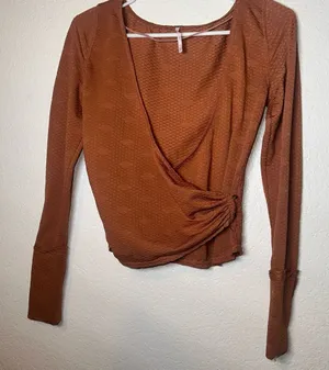 Free People‎ Rust Textured Wrap Top - Long Sleeve Balletcore Crossover thumbnail 1