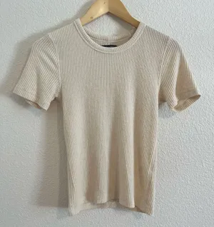 Abercrombie and Fitch Cream Tan Slim Fit Ribbed Short Sleeve Tee Shirt Top thumbnail 1