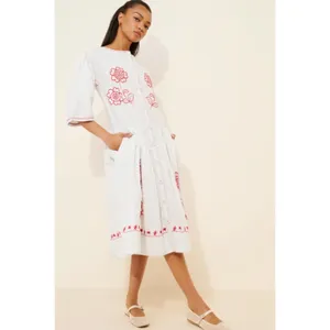 Free People Embroidered Cottage Bohemian Seersucker Saugatuck Midi Dress Large thumbnail 12