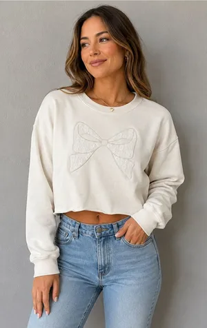 Altar'd State Women's Cream Cropped Sweatshirt with Bow Lace Detail thumbnail 1