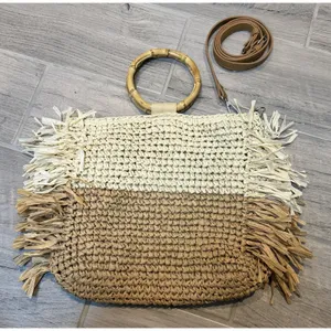 Boho Straw Crossbody Bag Bamboo‎ Handle Fringe Tote Beach Purse Two Tone Chic thumbnail 4