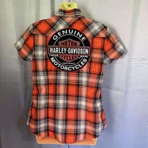 Harley Davidson Plaid Short Slv Snap Button Shirt S Orange Black Biker Western thumbnail 3