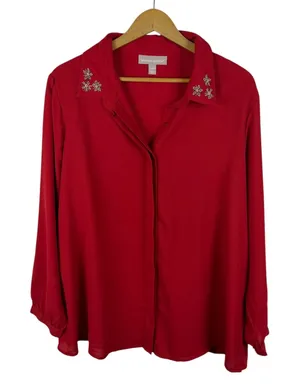 Woman Within Red Floral Embellished Beaded‎ Button Front Shirt Size 18/20 thumbnail 1