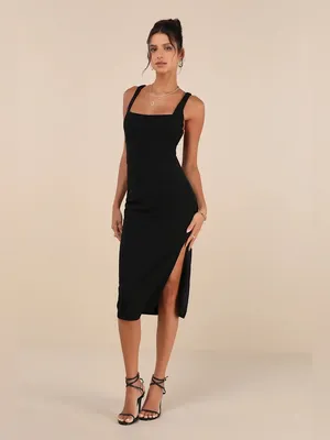 Lulus Vibrant Allure Black Square Neck Sleeveless Bodycon Midi Dress Size large thumbnail 3
