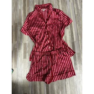 Victoria's Secret Pajama Set Womens XS Pink Heart Stripe Satin Shorts thumbnail 2
