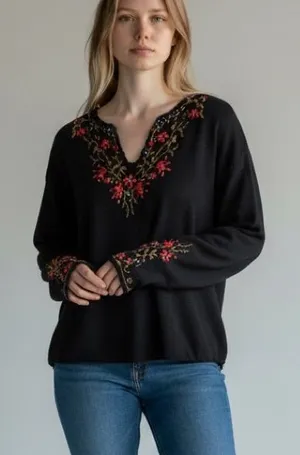 Curio Black Embroidered Floral Sweater‎ Large Vintage Boho Cottagecore thumbnail 1