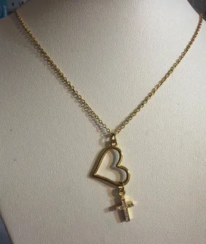 Gold Tone Heart Cross Pendant Necklace Clear Rhinestones Dangle Dainty 18" NWOT thumbnail 1