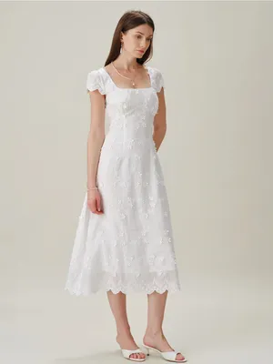 Rihoas White Square Neck Embroidery Midi Dress thumbnail 4