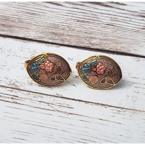 Vintage Clip On Earrings - 5/8" Oval Shape with Butterfly & Flowers Design thumbnail 4