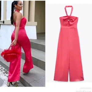 Zara Satin Halter Wide-Leg Jumpsuit in Hot Pink thumbnail 2