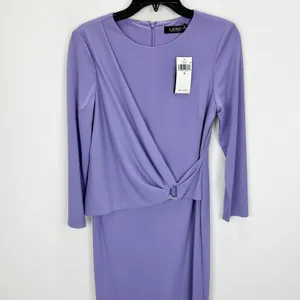 Lauren Ralph Lauren Jersey 3/4 Sleeve Dress Draped Knee Length Purple US 6 NWT thumbnail 5