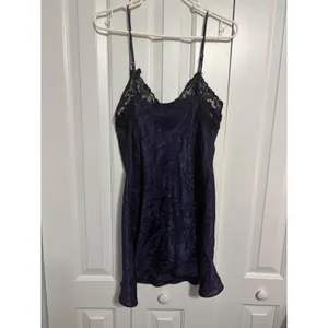 Victoria's Secret Slip Dress Vintage Jacquard Navy Blue Lace Trim Large Coquette thumbnail 5