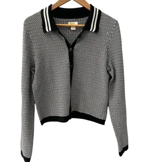 Anthropologie Maeve Preppy Black/White Cropped Plunging Polo Cardigan Size Small thumbnail 6