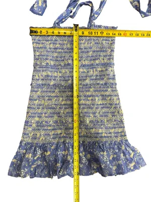 LoveShackFancy Belle Smocked Tie Straps Cotton Mini Dress Blue Jay Floral Print thumbnail 13