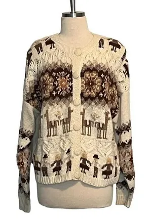 Red Camel Llama Novelty Cardigan Sweater Womens Large Cream Brown Vintage‎ Ramie thumbnail 1