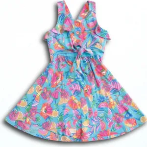 Jona Michelle Girls Blue Tropical Fruit Floral Print Tie Front Dress Size 6 thumbnail 1