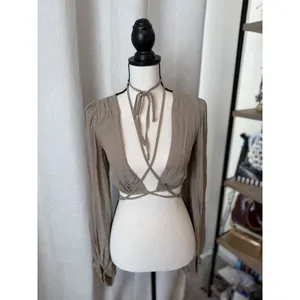 Princess Polly Cropped Top Womens 2 Beige knit Long Sleeve Boho Tie Waisted thumbnail 11