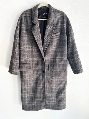 Zara Oversized Plaid Wool Blend Coat Gray Brown Glen Plaid Long Coat Small thumbnail 1