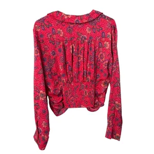 Free People $98 I Got You Floral Ruched V-Neck Cropped L/S Blouse Top Sz L thumbnail 2