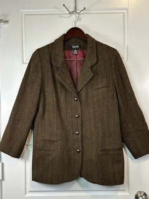 Vintage 2000s Rafaella Women’s Brown Herringbone Tweed Wool Blazer Size 16 thumbnail 10