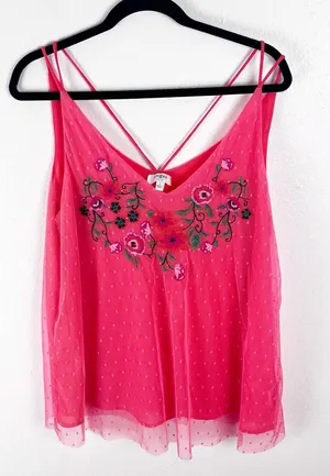 UMGEE Pink Swiss Dots Floral Strappy Lace Trim Top Large Boho Festival Concert thumbnail 1