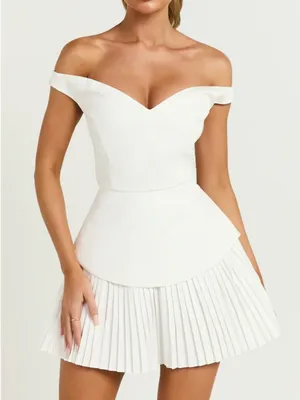SHOWPO Izara Off The Shoulder Pleated Mini Dress In White thumbnail 1
