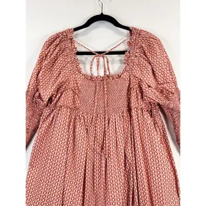 Free People Mini Dress Red Star Dip Smocked Allover Print Loose A Line Large thumbnail 9